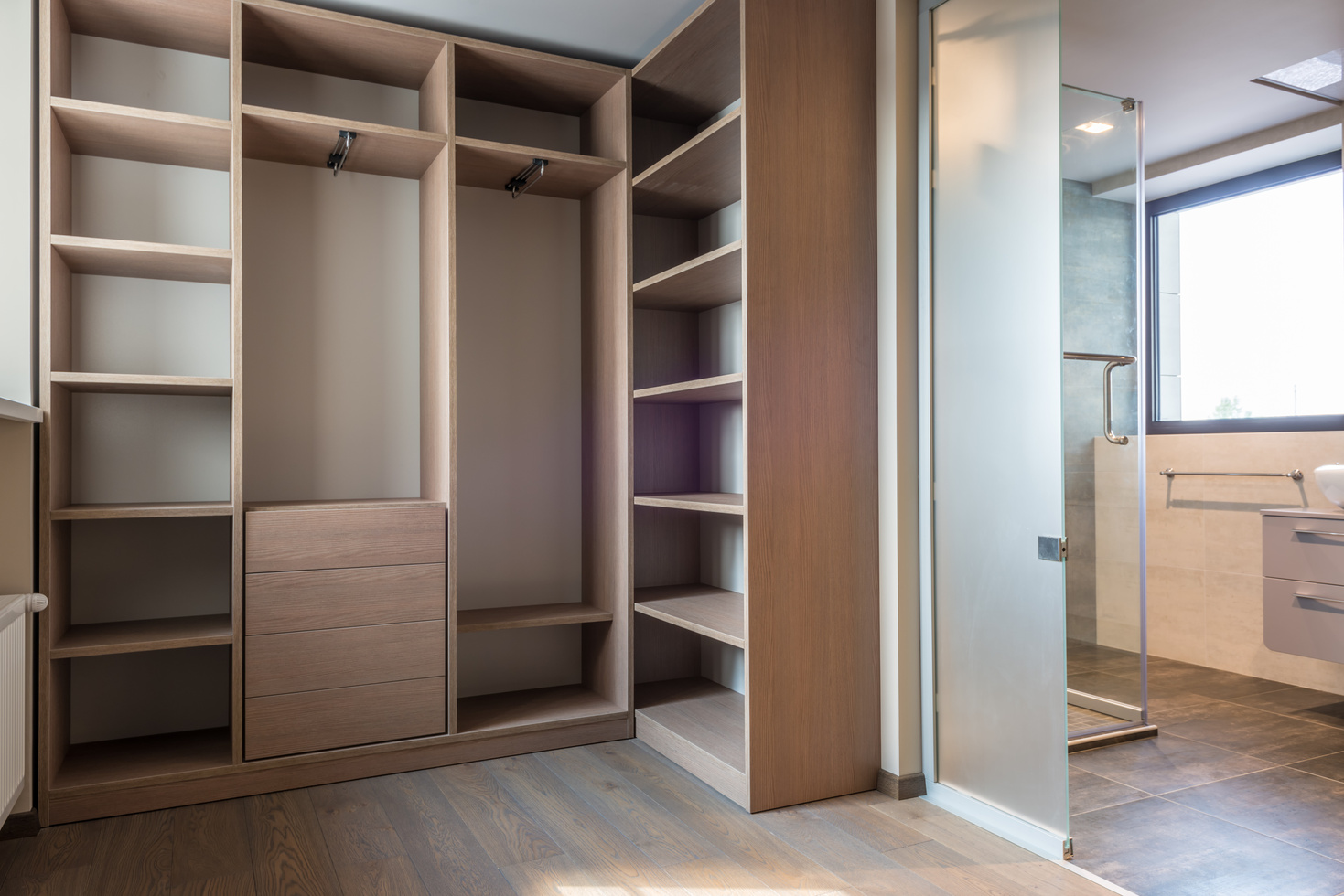 Brown Wooden Shelves with Drawers